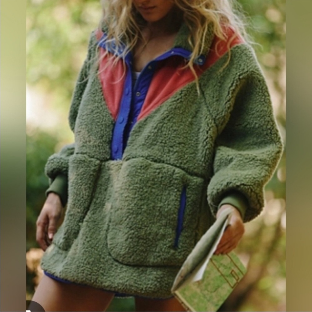 Free People Fall To Rise Fleece Quarter Snap Sweater Army Size L Womens